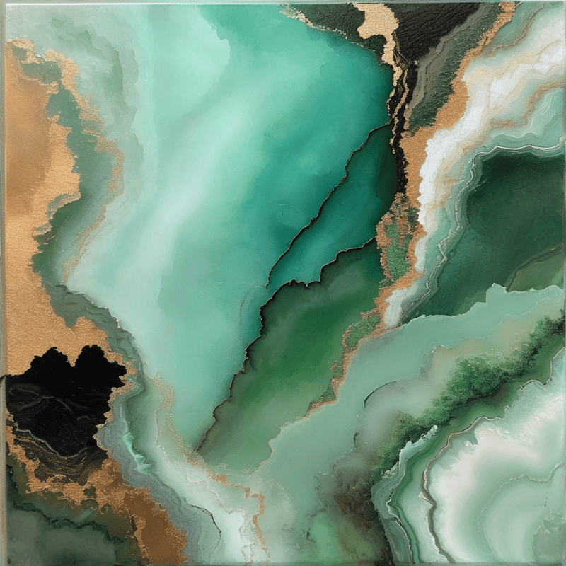 This abstract composition displays flowing bands of turquoise and green mixed with metallic gold and dark accents