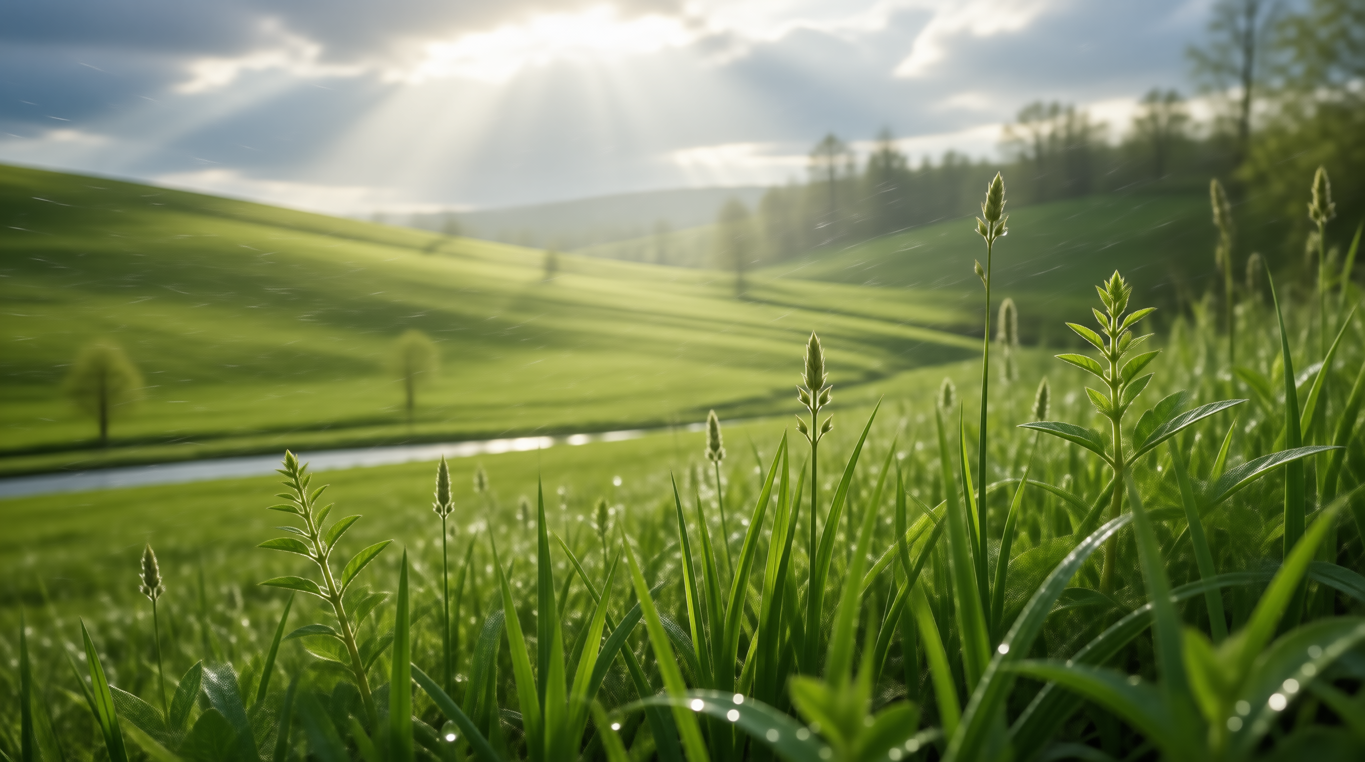Green Landscape with River and Sunlight