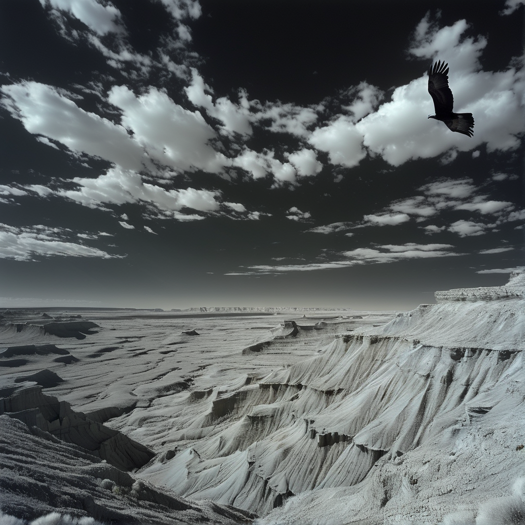 A large bird of prey glides through a cloudy sky above vast white eroded canyon formations in black and white.