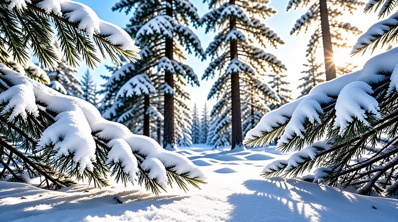 Heavy snow covers pine branches while sunlight streams through a tall winter forest.