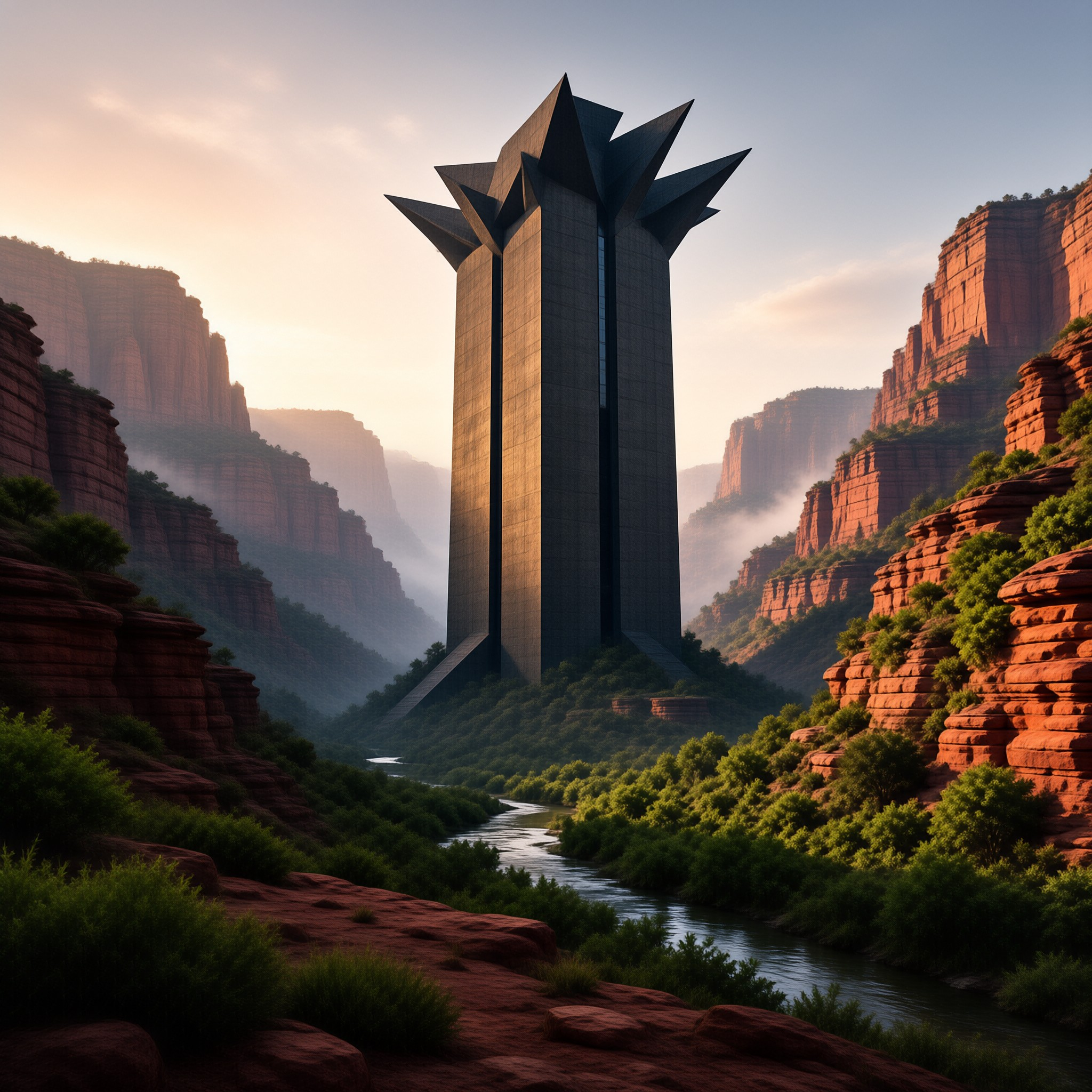 A huge stone spire rises from a river valley surrounded by steep red cliffs bathed in golden morning light and mist.