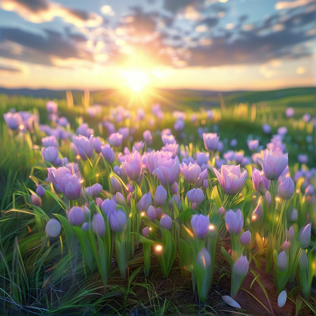 A field of purple tulips spreads across green grass illuminated by a setting sun.