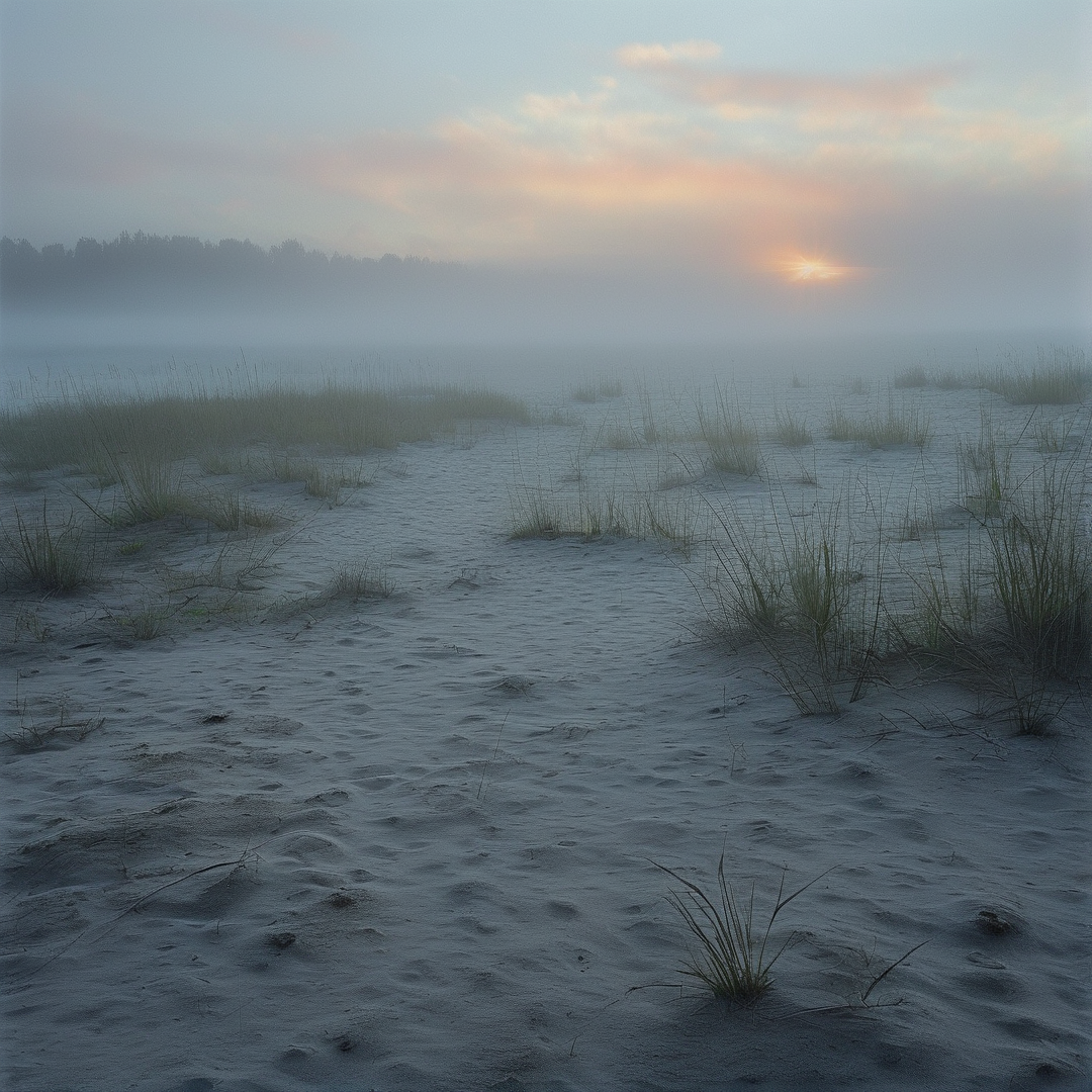 A quiet beach scene shows fog covering the water while the sun rises behind a distant tree line.