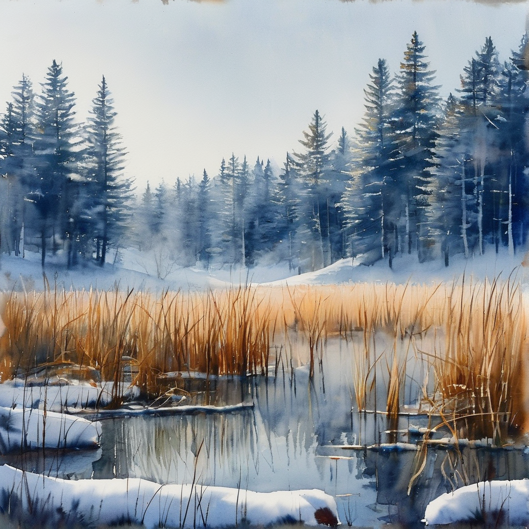 Tall brown marsh grasses grow beside calm water while snowy pine trees stand in the misty background.