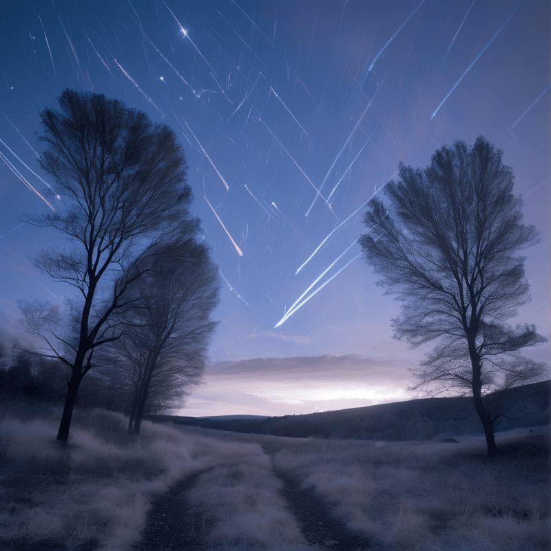 Streaks of white stars arc across a deep blue twilight sky above dark trees and a field of white frost.
