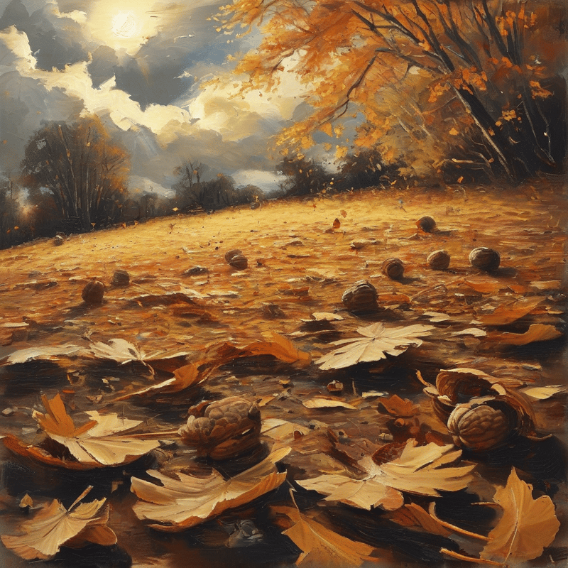 A landscape painting features pumpkins and fallen leaves covering a hillside under a dramatic cloudy sky with bright sunlight.