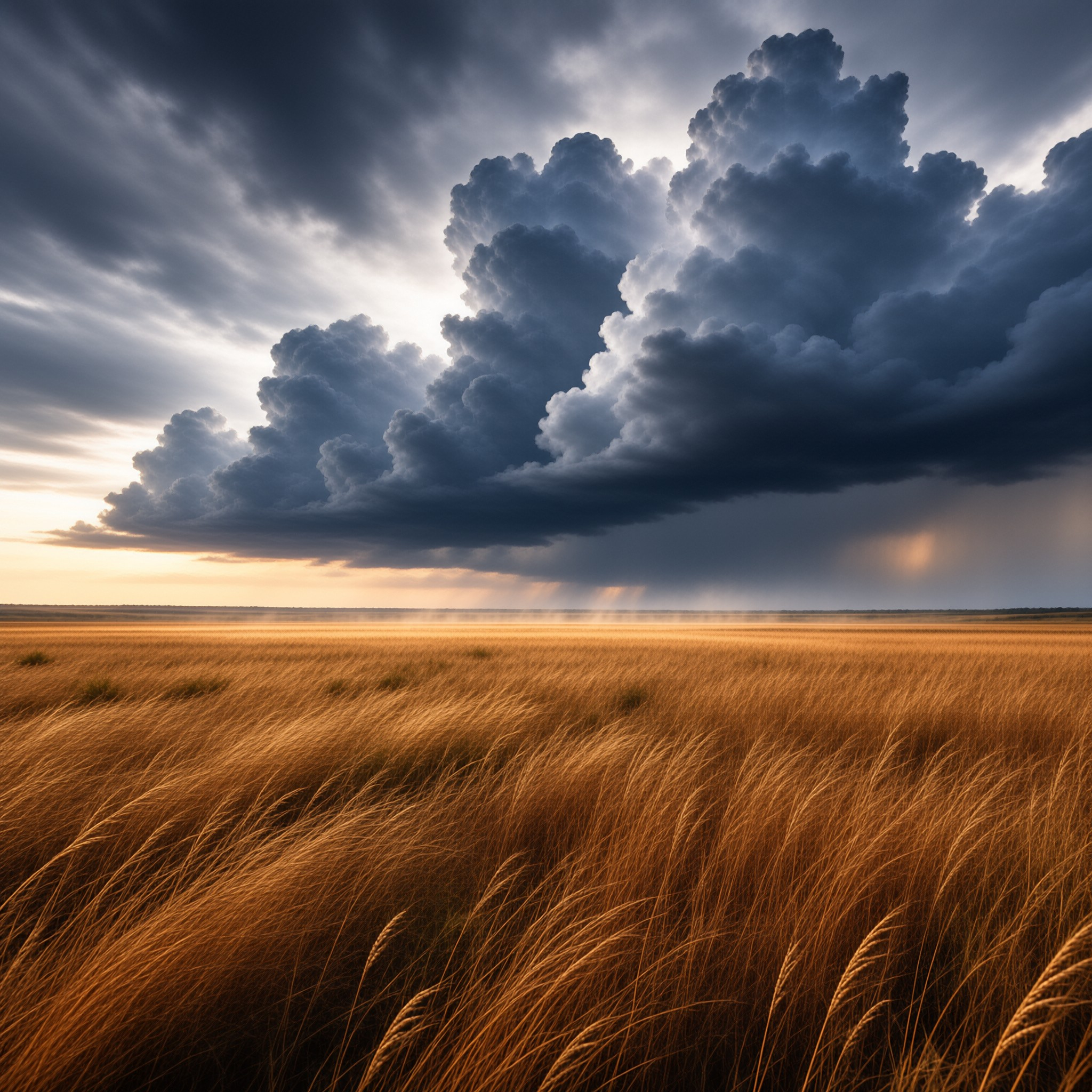 Golden wheat fields stretch toward a horizon dominated by massive dark storm clouds pierced by sunbeams.