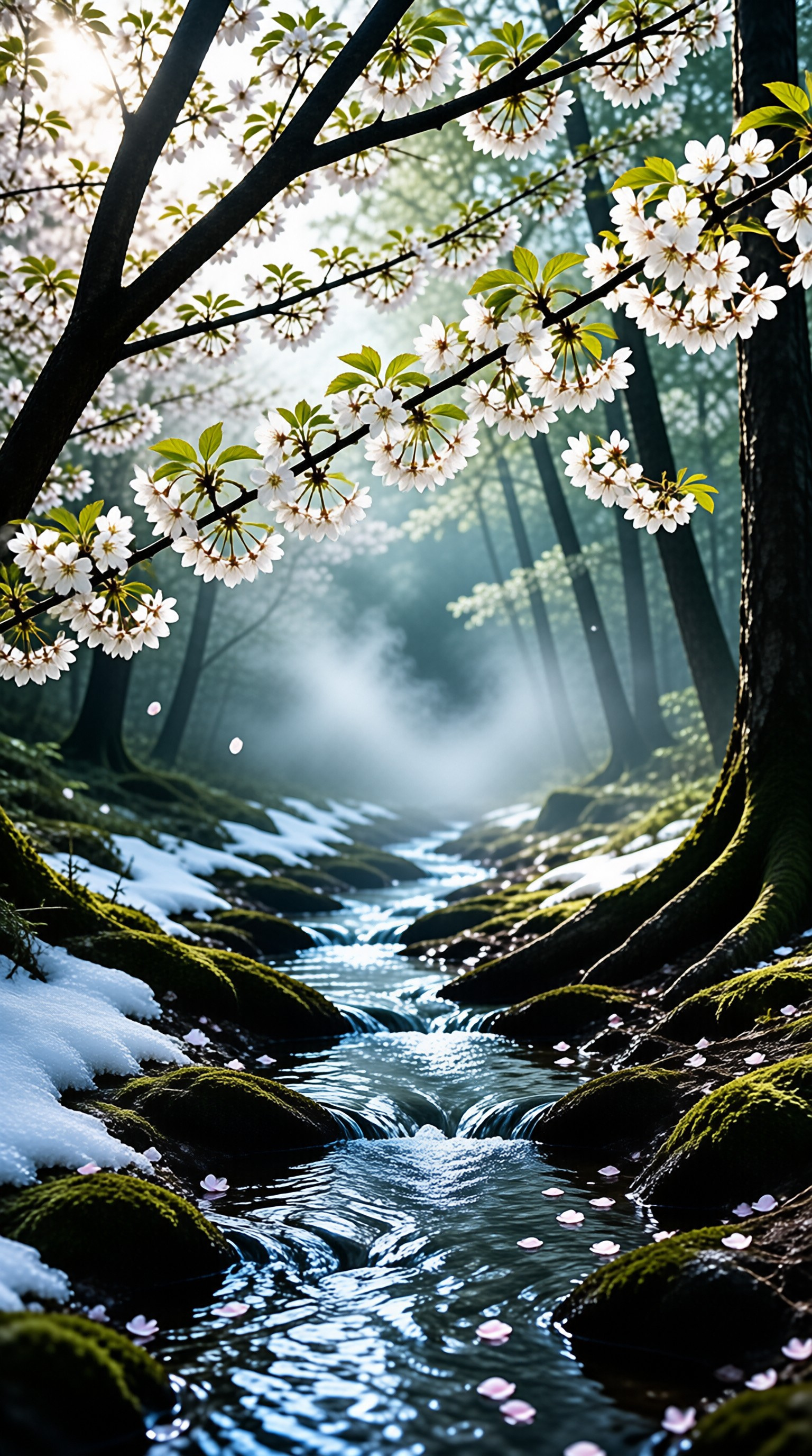 A stream flows through a misty forest filled with blooming cherry blossoms, mossy rocks, and patches of lingering snow.