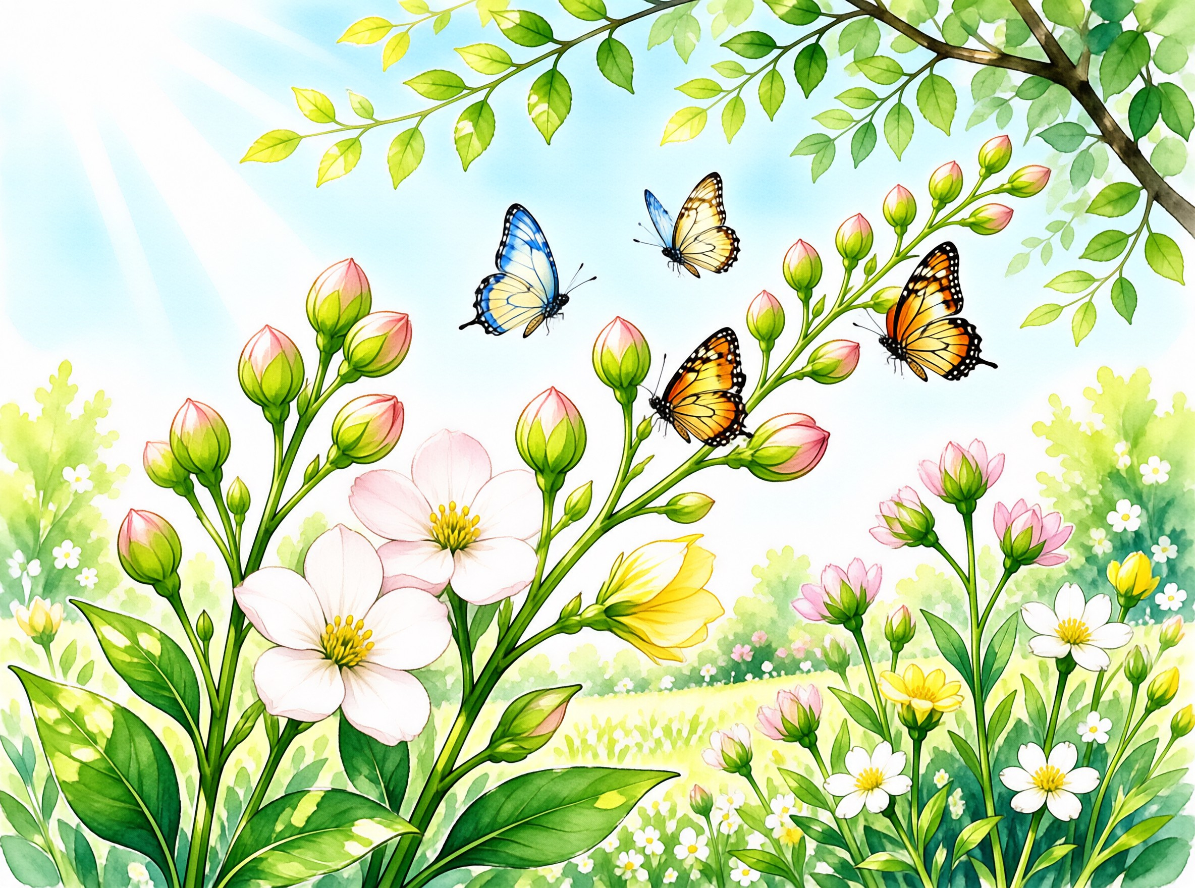 Delicate pink and white flowers bloom among green leaves as painted butterflies flutter in sunlight