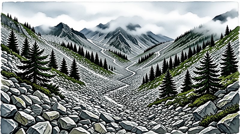 A stylized illustration of a massive glacier snaking down a steep valley flanked by pine trees and boulders under a cloudy sky.