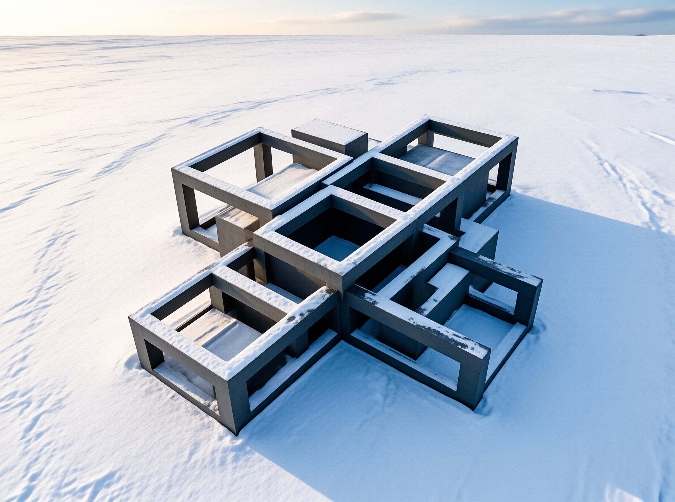 A concrete Penrose cube sits on an open sunlit snowfield, with long blue shadows stretching across the bright white snow.