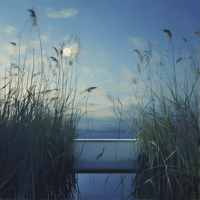 A wading bird stands in calm water framed by tall vegetation while the sun shines through clouds.