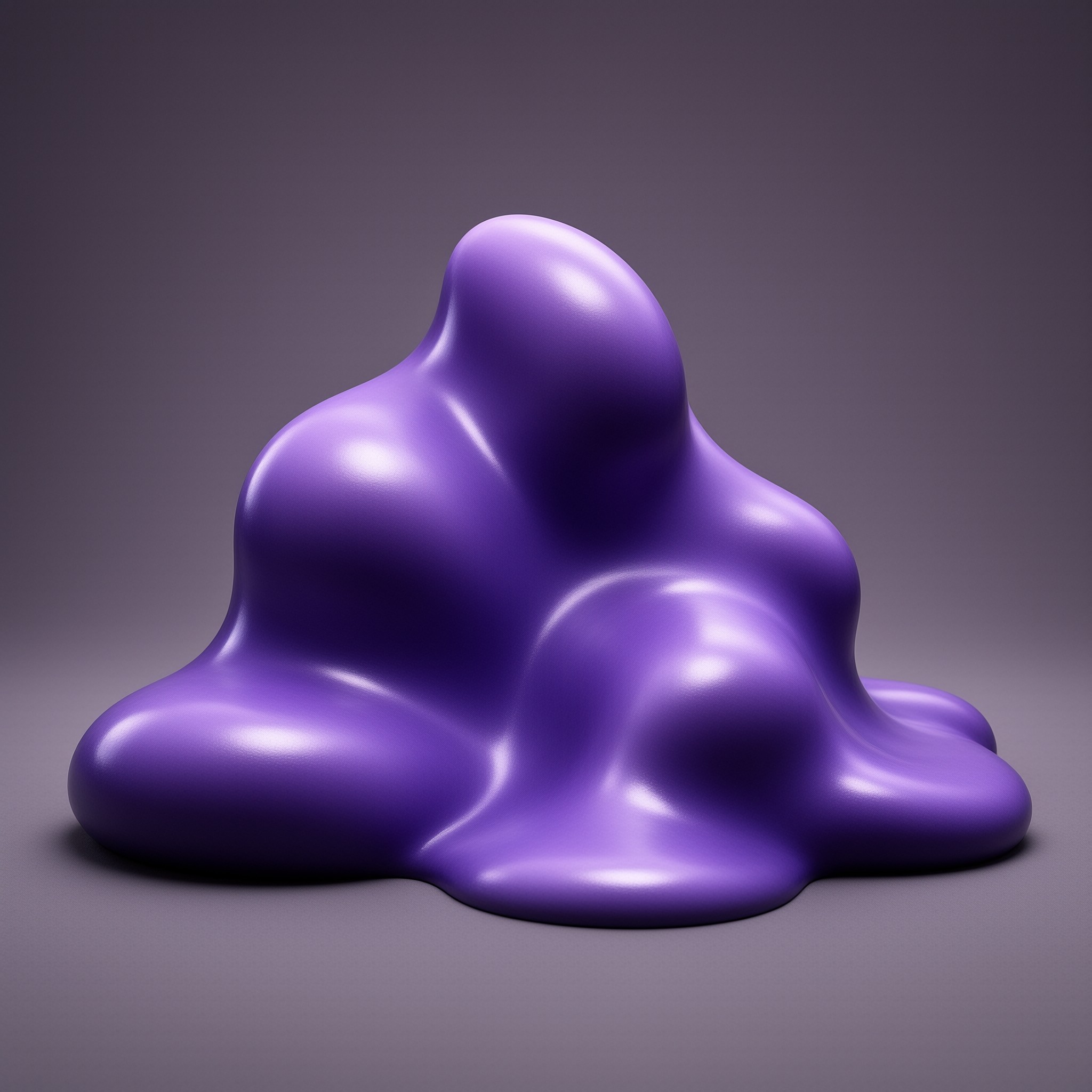 A smooth amorphous violet form with soft rounded bulges rests on a neutral studio surface under diffused light.
