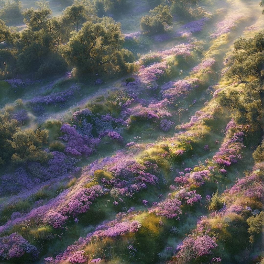 Misty Purple Flower Hillside