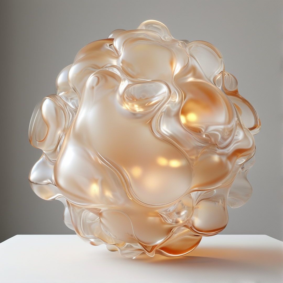 A glossy organic form with wavy contours and warm amber tones rests on a white platform against a muted gray backdrop.