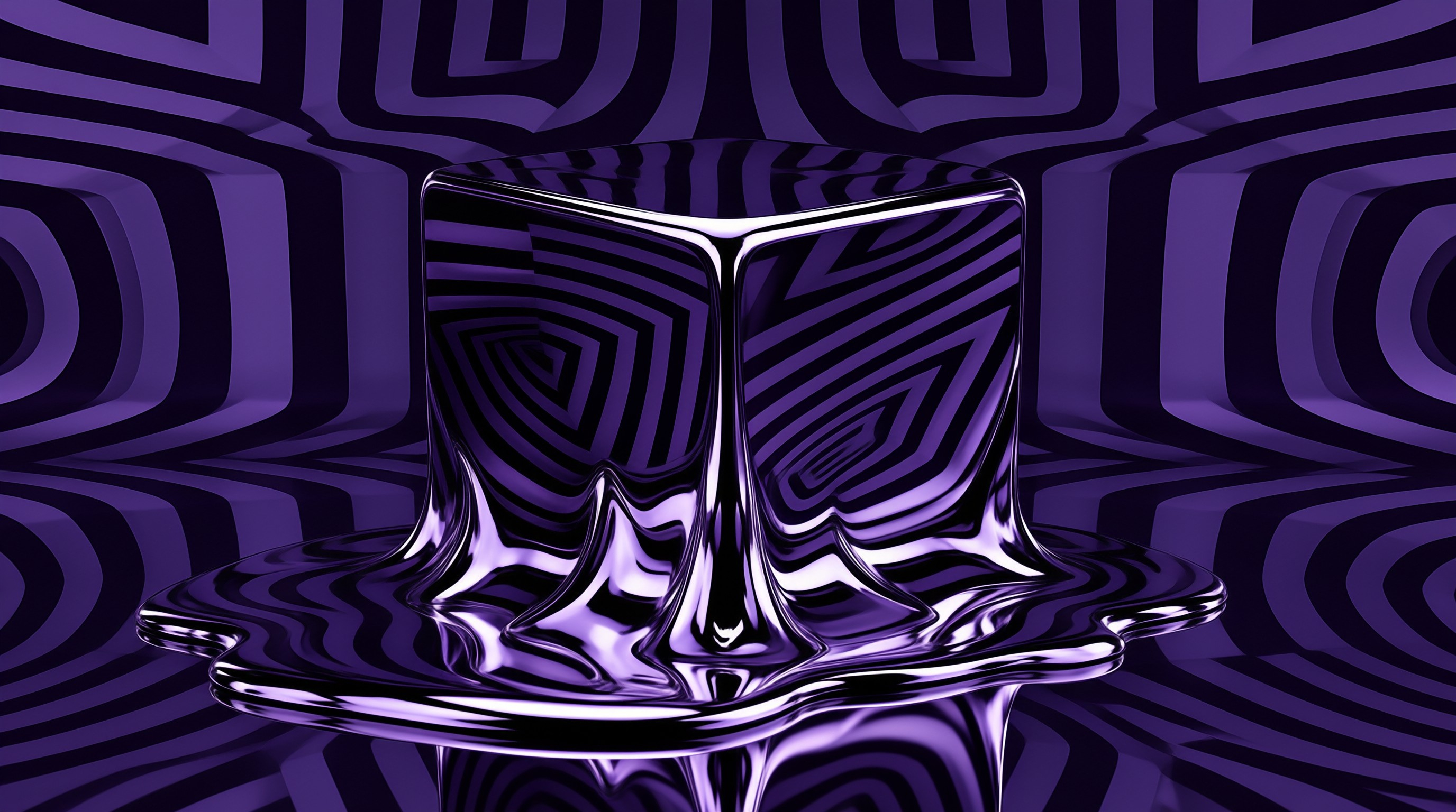A reflective purple liquid structure spreads across a floor marked with intricate labyrinthine designs.