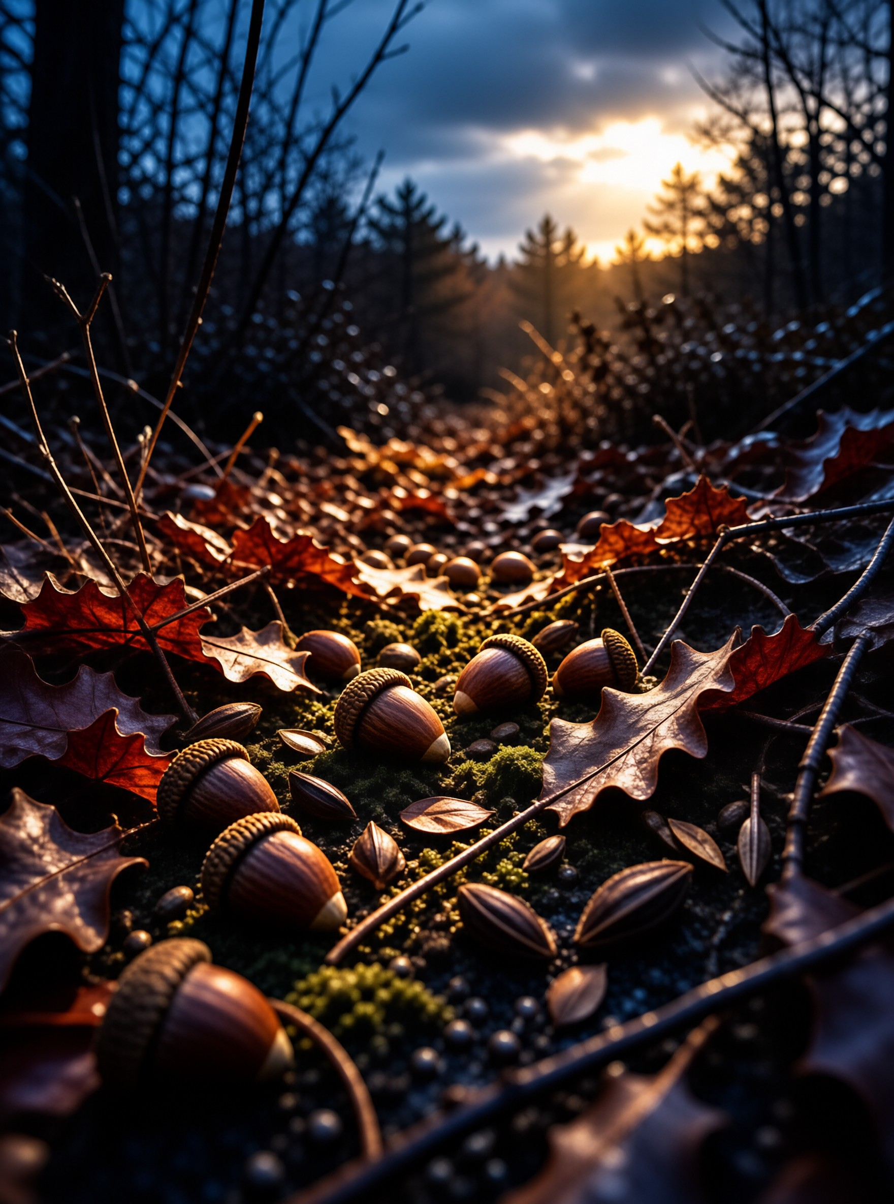 Scattered acorns rest on dark moss among dried oak leaves under the warm glow of a low winter sun.