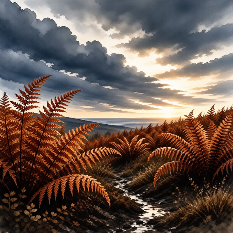 A winding stream flows through a landscape filled with brown ferns while dark clouds gather above a glowing horizon.