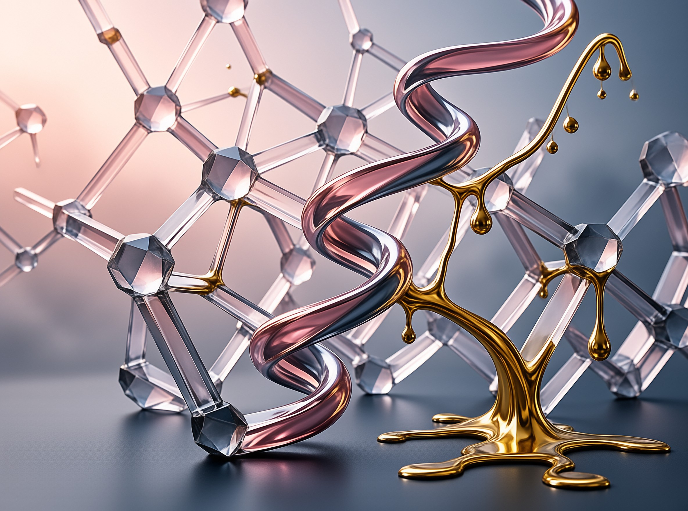 Clear geometric glass shapes intertwine with a twisting metallic ribbon and a splash of gold on a gradient surface.