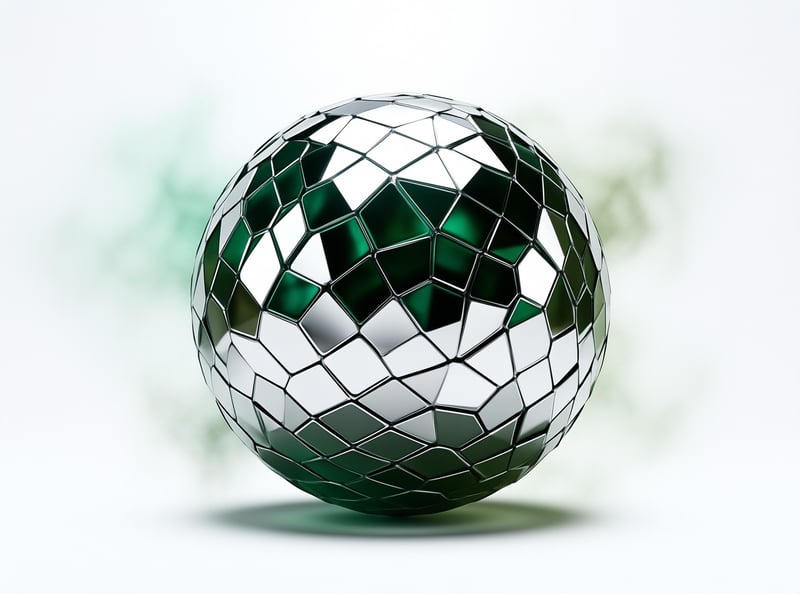 A 3d render of a faceted sphere featuring green and white panels floating in a bright studio setting.