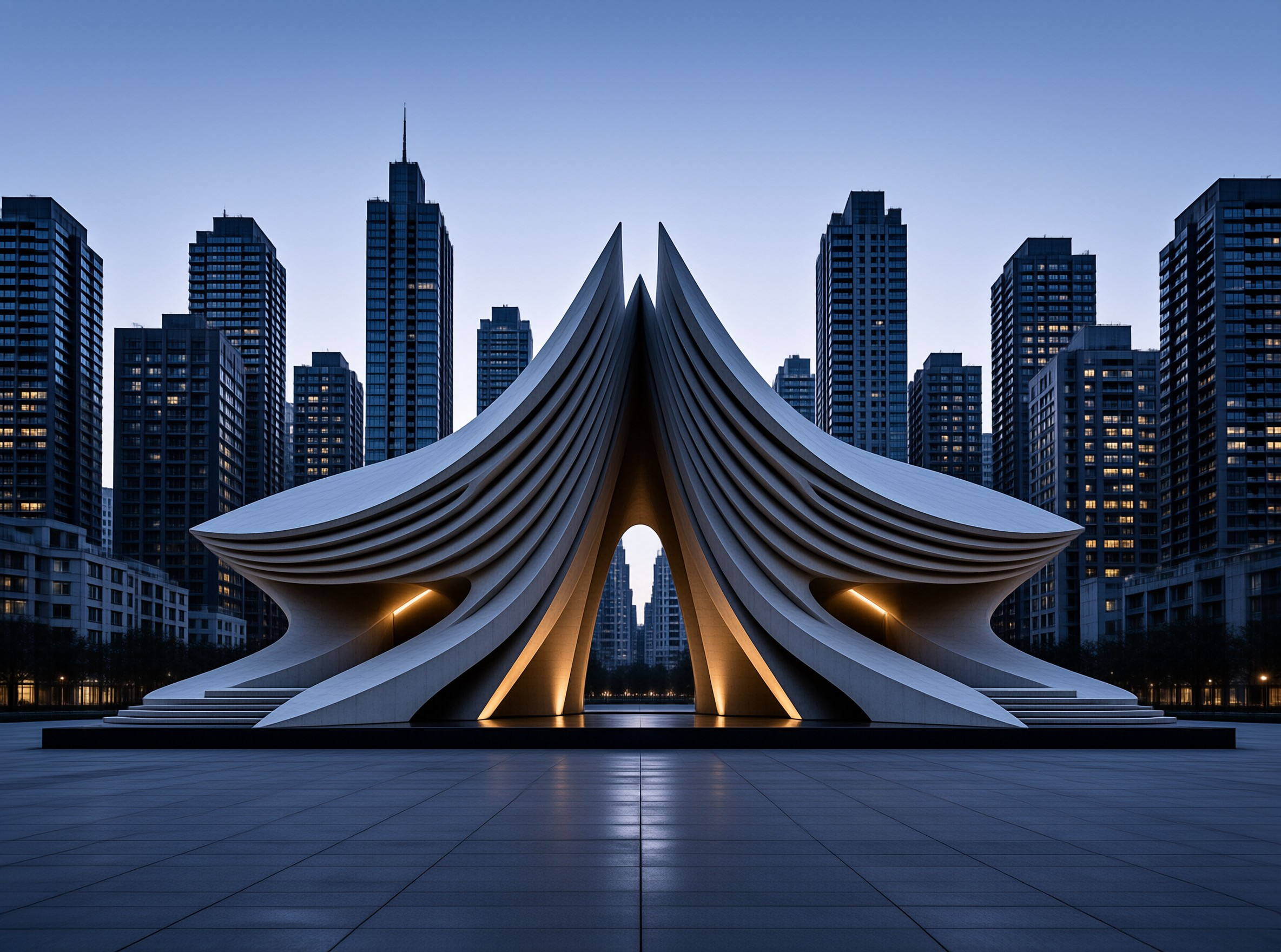 A large white organic structure with layered folds stands on a black platform in a paved plaza, illuminated by warm yellow light from within its arches while tall dark residential towers rise against a twilight blue sky.