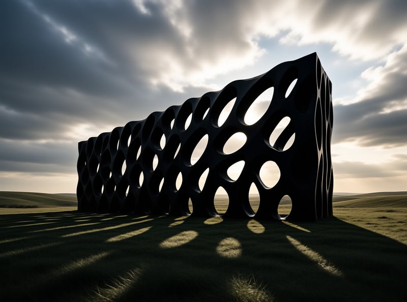 A large dark perforated structure stands in a grassy field with sunlight filtering through its oval holes against a cloudy sky.