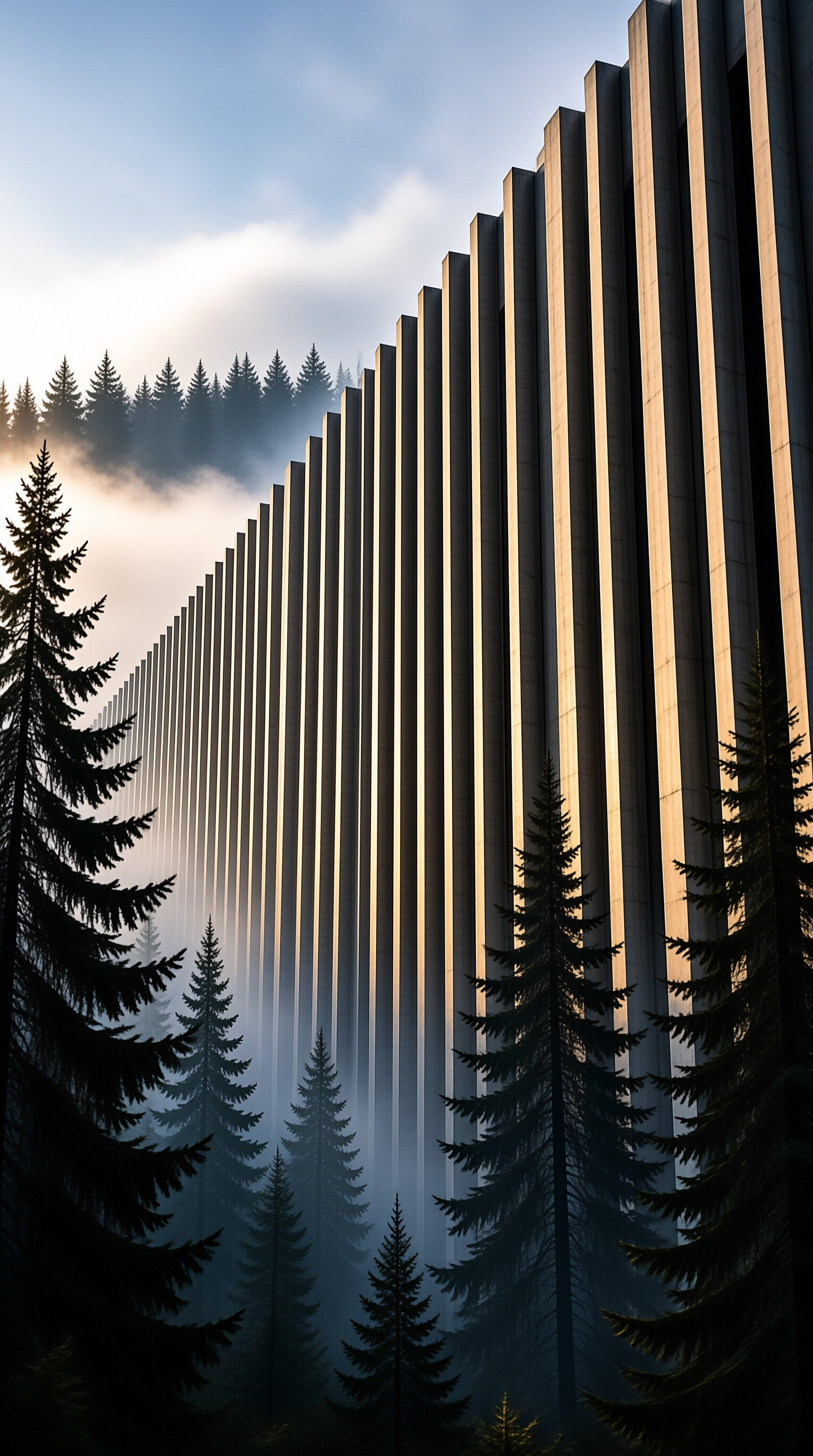 Tall vertical stone slabs resemble organ pipes standing among dark pine trees with fog drifting through the background.