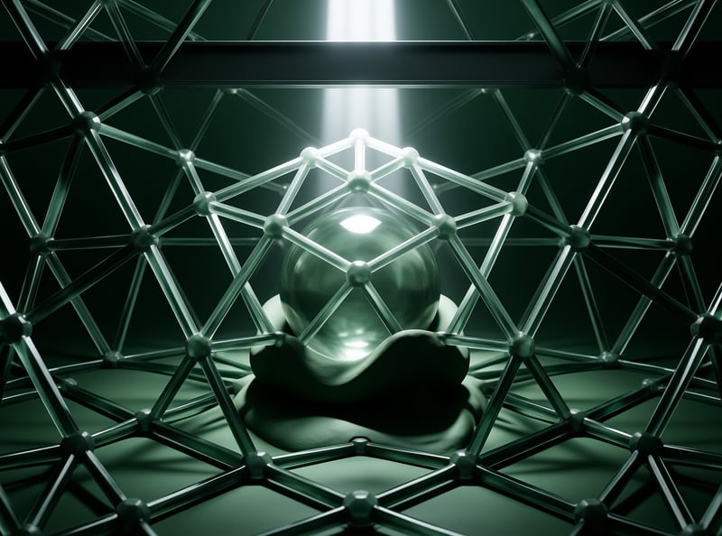 A reflective metal orb rests on a soft mound inside a glowing triangular lattice under a beam of light.