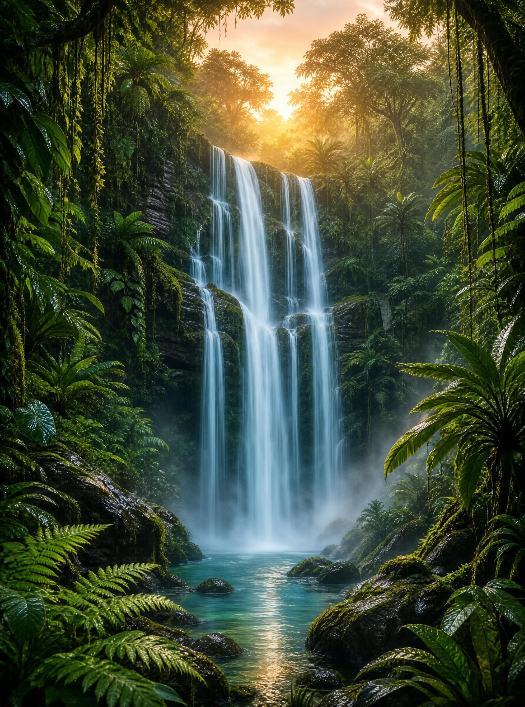 Sunlit Jungle Waterfall