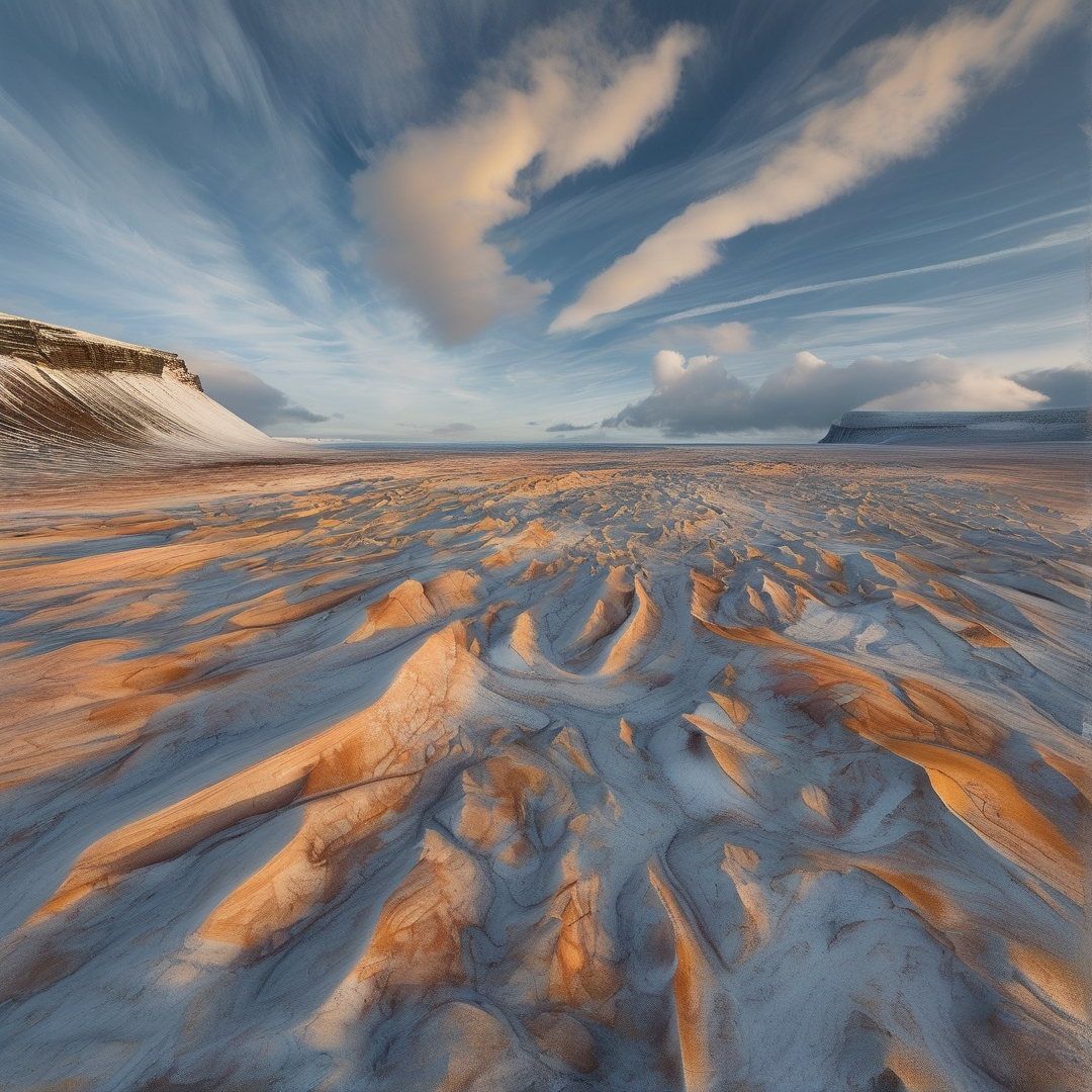 Wavy orange sand dunes extend across a plain towards distant mesas beneath a sky with long clouds.