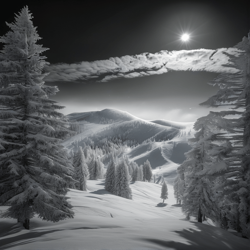 A monochrome landscape of snow-covered mountains with evergreen trees, lit by a bright sun and a dramatic cloud band.