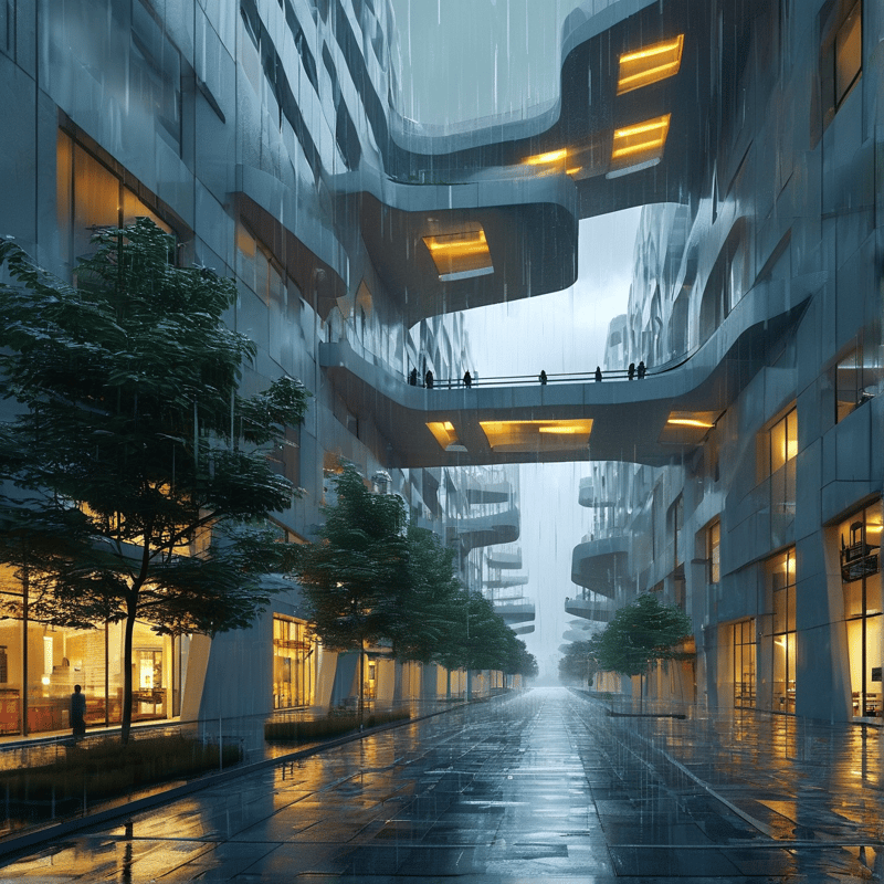 Curved bridges span a wet urban road where glowing windows cast reflections on the pavement during heavy showers.