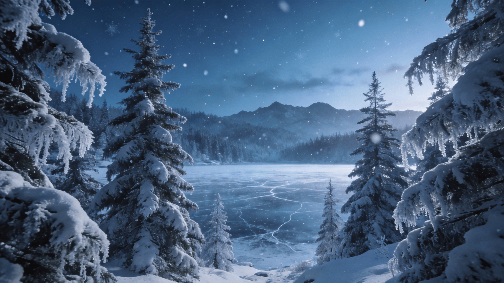 Snow-Covered Pines by a Frozen Lake