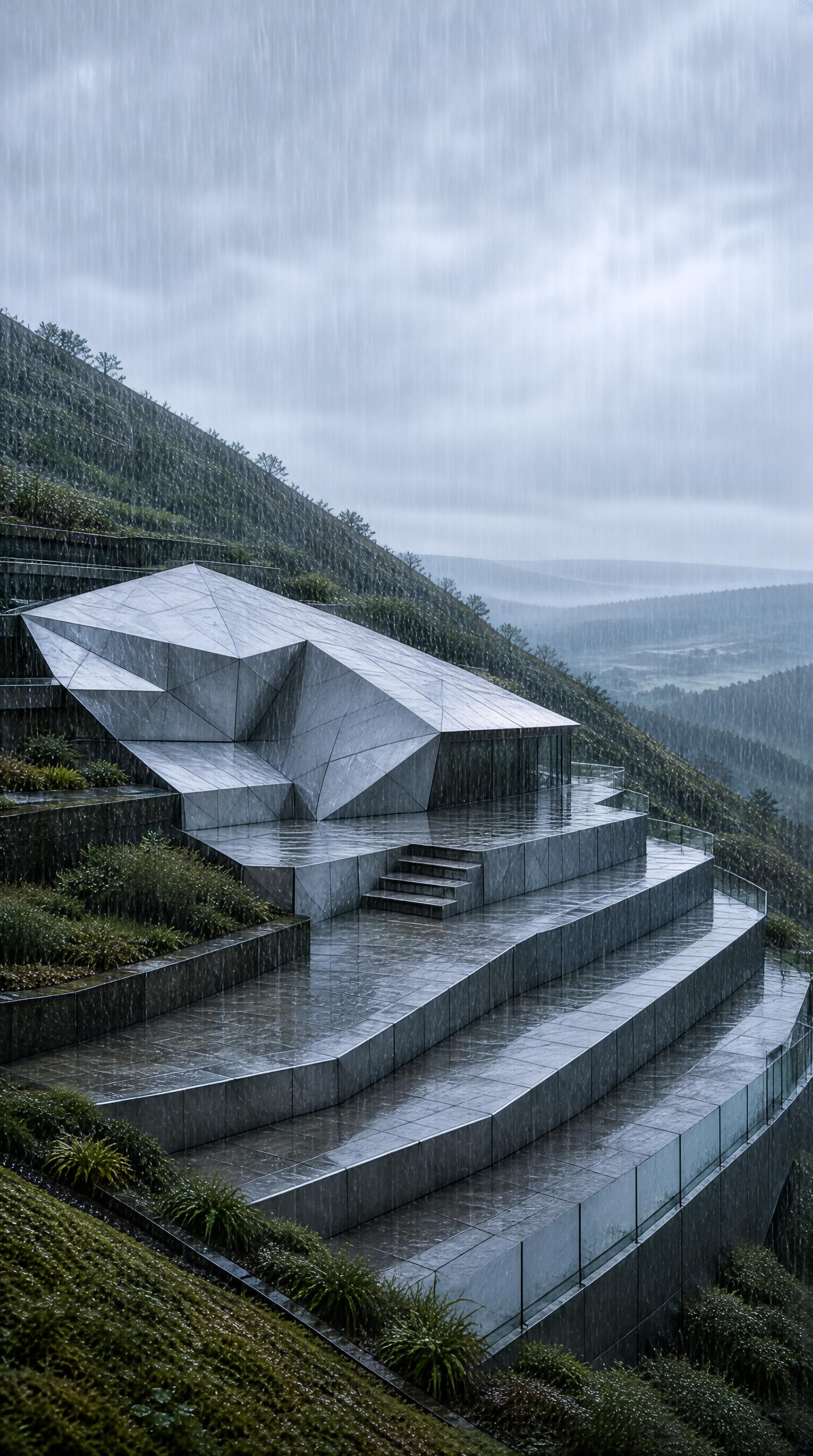 Rainy Hillside Modern Building