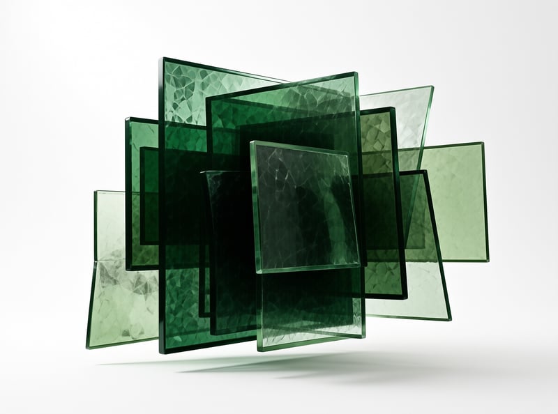 A three-dimensional cluster of translucent green glass panes arranged with visible fracture patterns under soft studio lighting