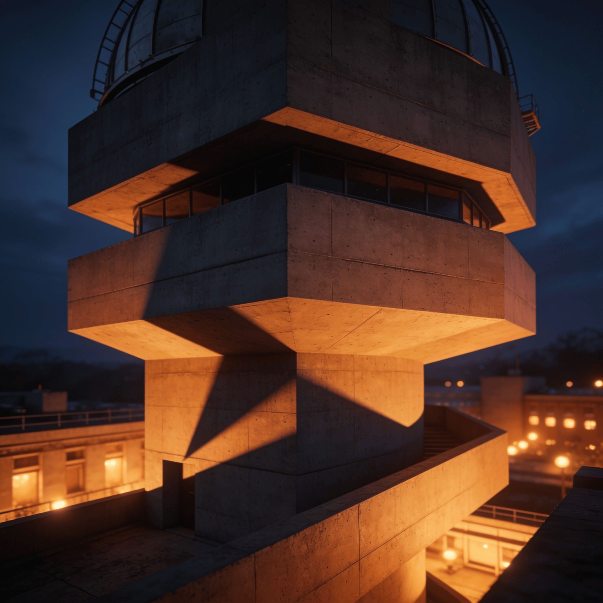 Observatory with Brutalist Massing — Night With Warm Lights