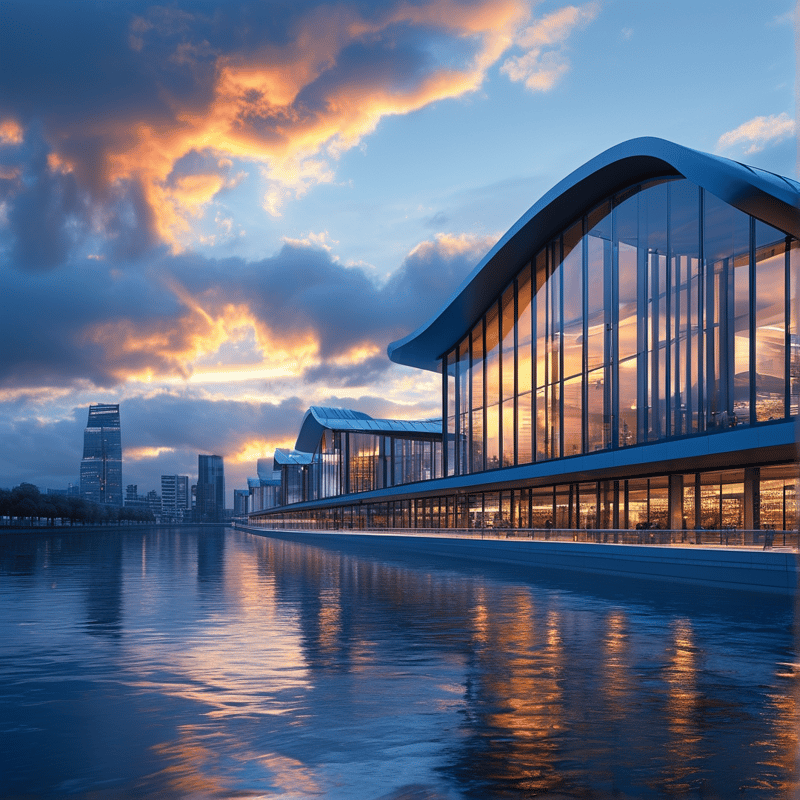 Modern Glass Pavilion Reflecting Vibrant Sunset Over Calm Water Near Skyscrapers