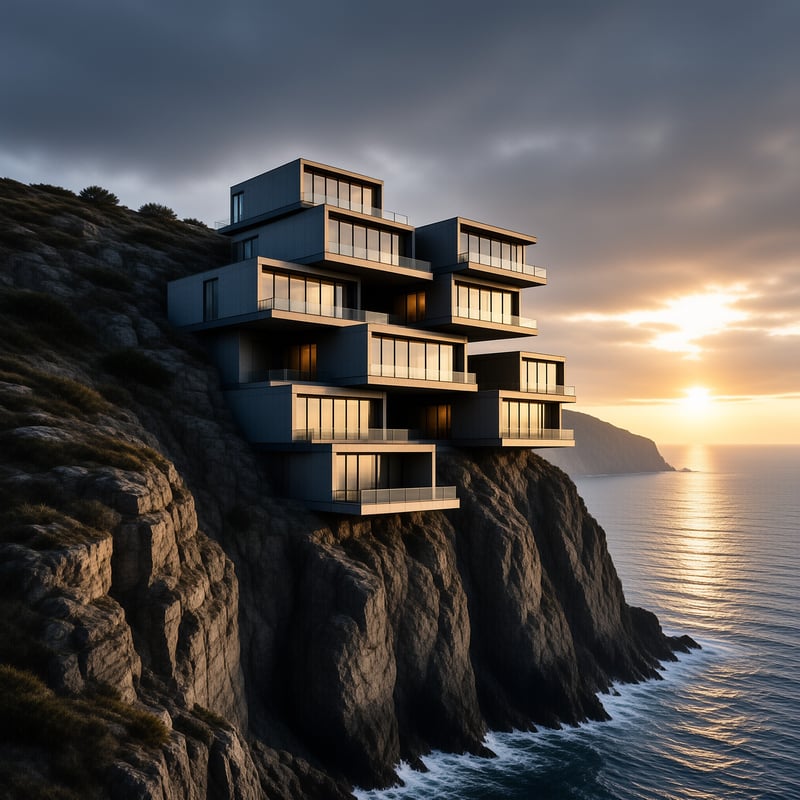 Cantilevered glass boxes cascade down a rocky sea cliff, their windows lit gold as the sun drops into the ocean.