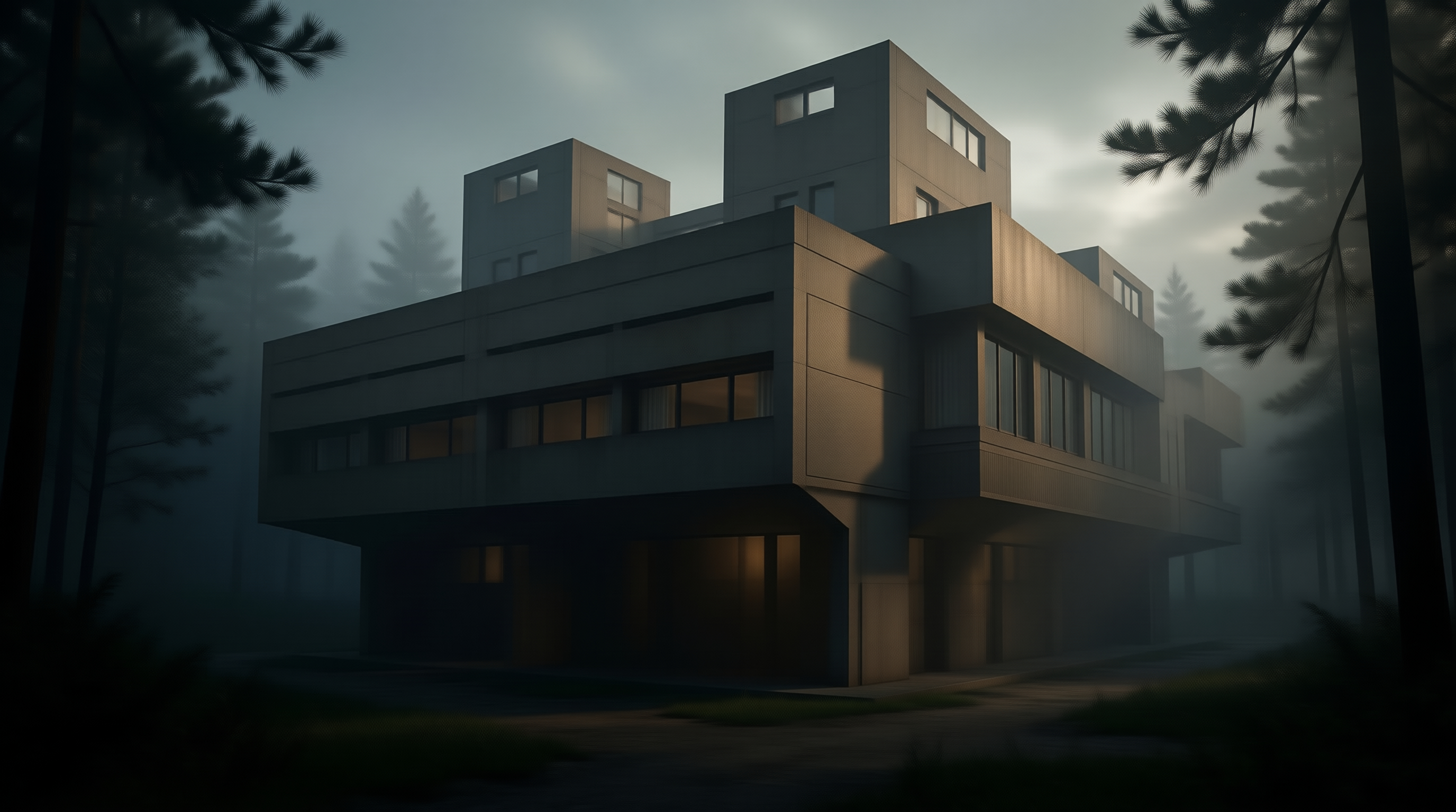 Brutalist Villa in Foggy Woods