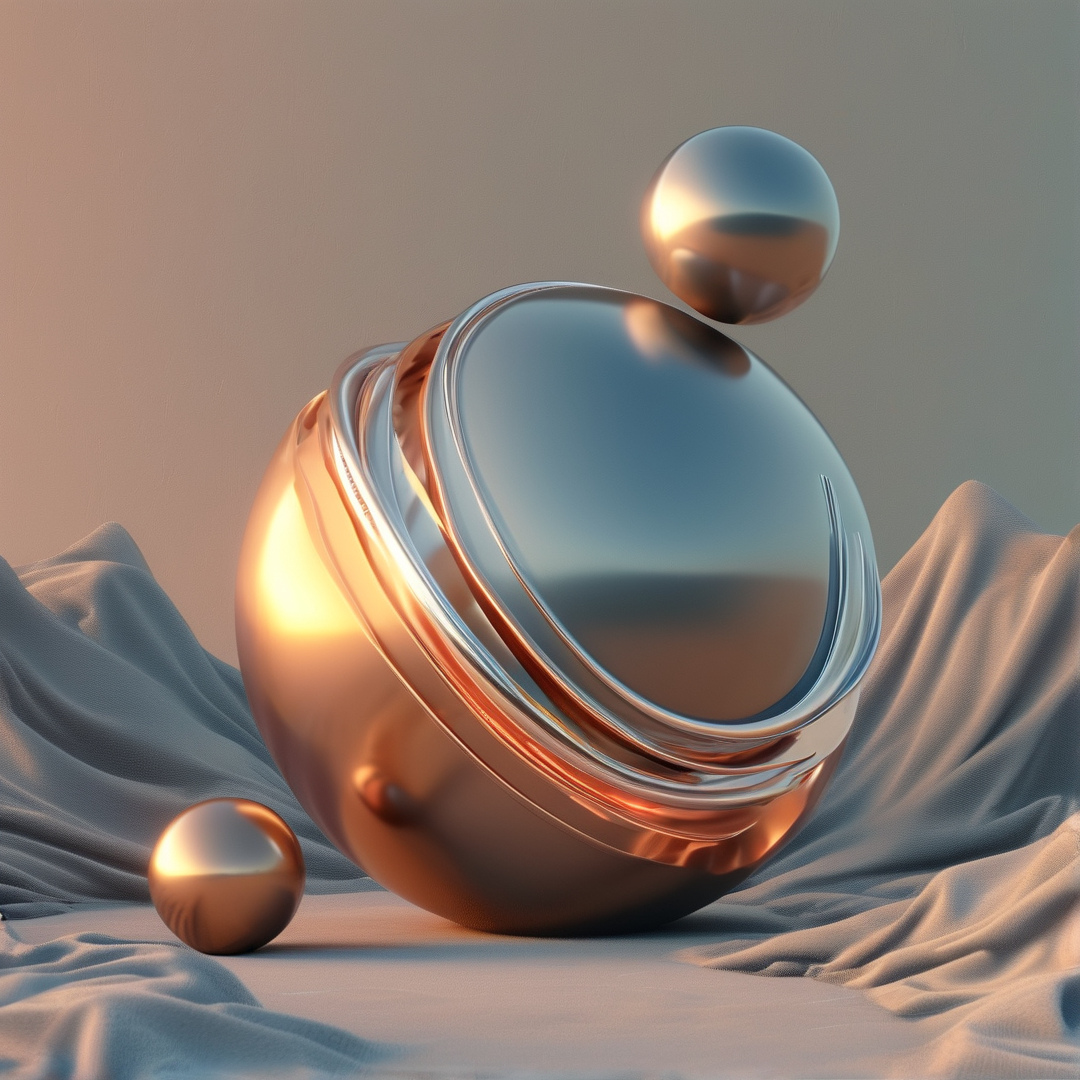 A large reflective metallic object and smaller balls sit on blue draped cloth under warm lighting.