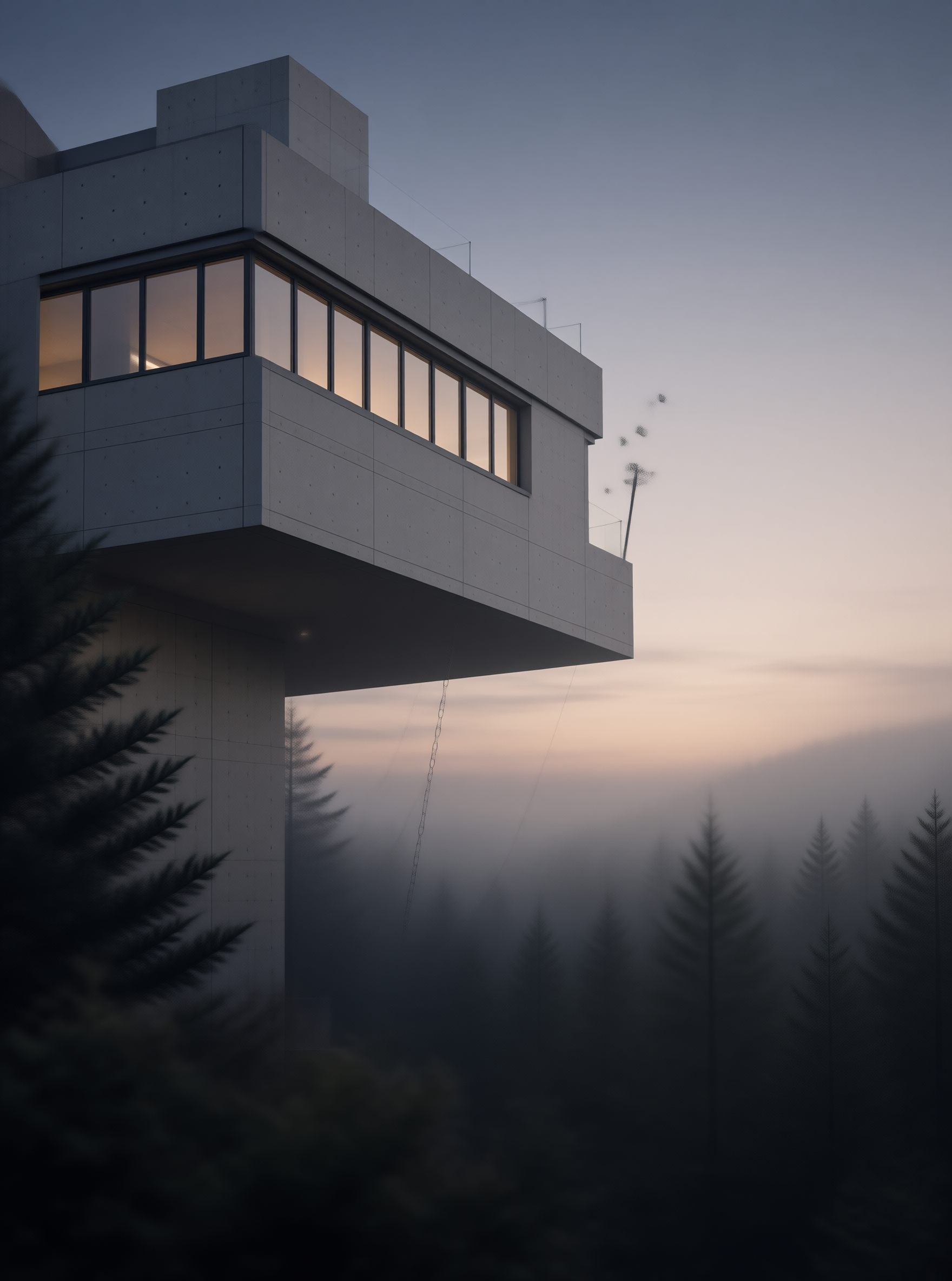 Cantilever House Above Misty Forest