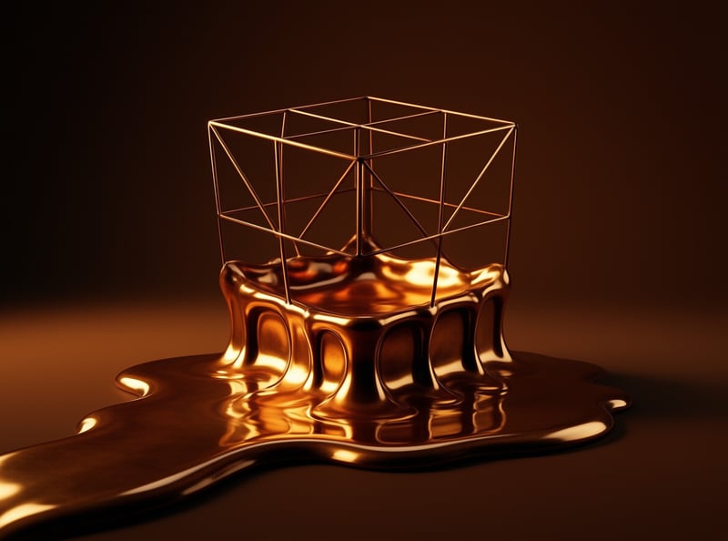Geometric wire lines stand above a pool of reflective copper fluid illuminated by warm directional lighting