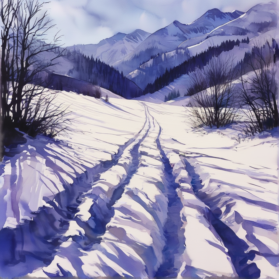 A winding trail cuts through a cold snowy valley surrounded by evergreen forests and distant peaks under a pale blue sky.