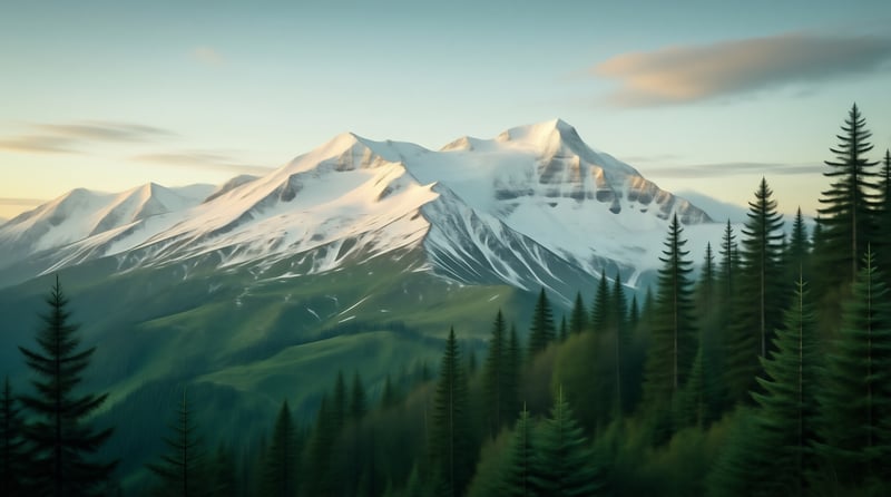 Snowy Peaks Over Forest