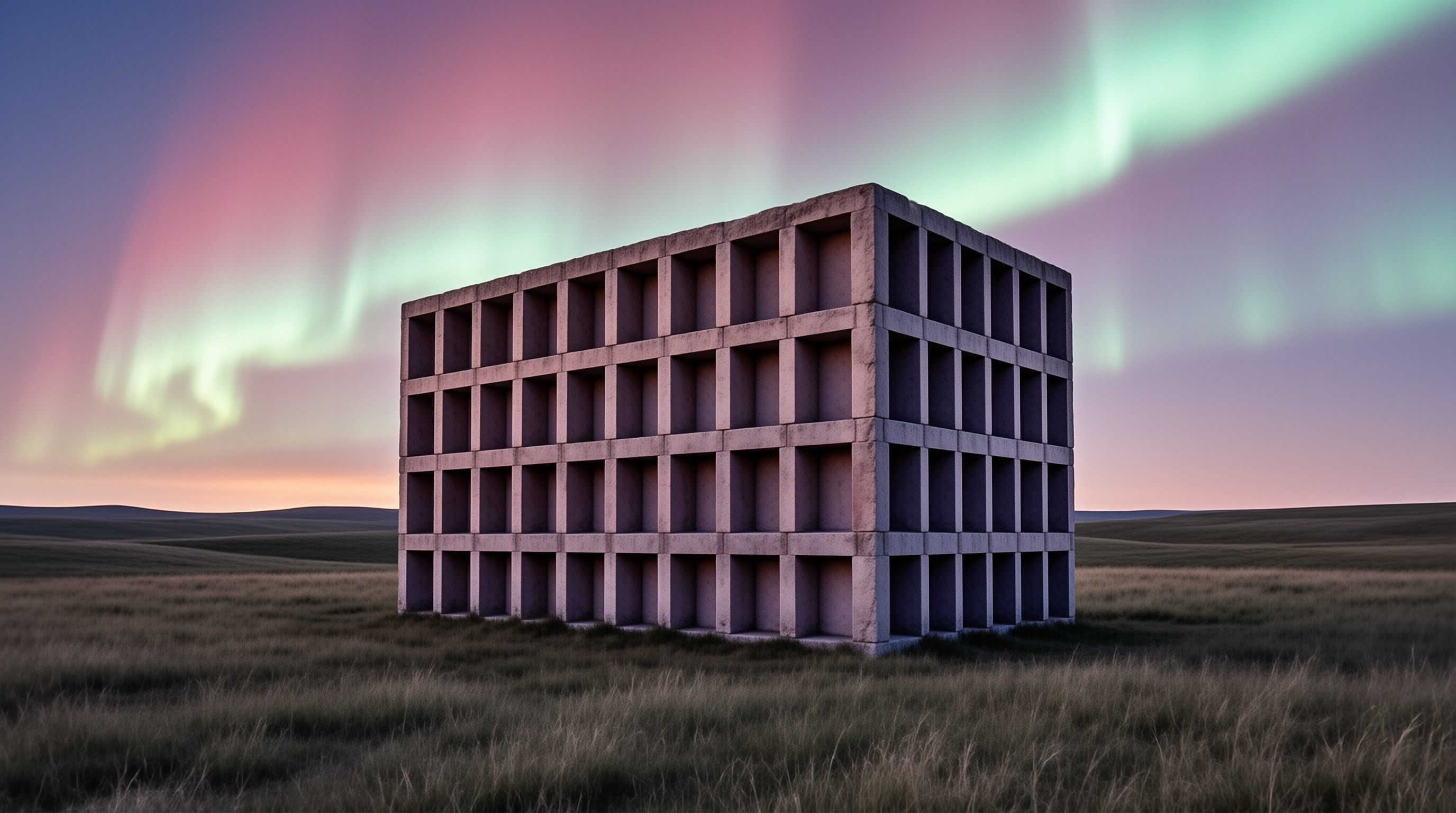 Brutalist Cube Under Aurora