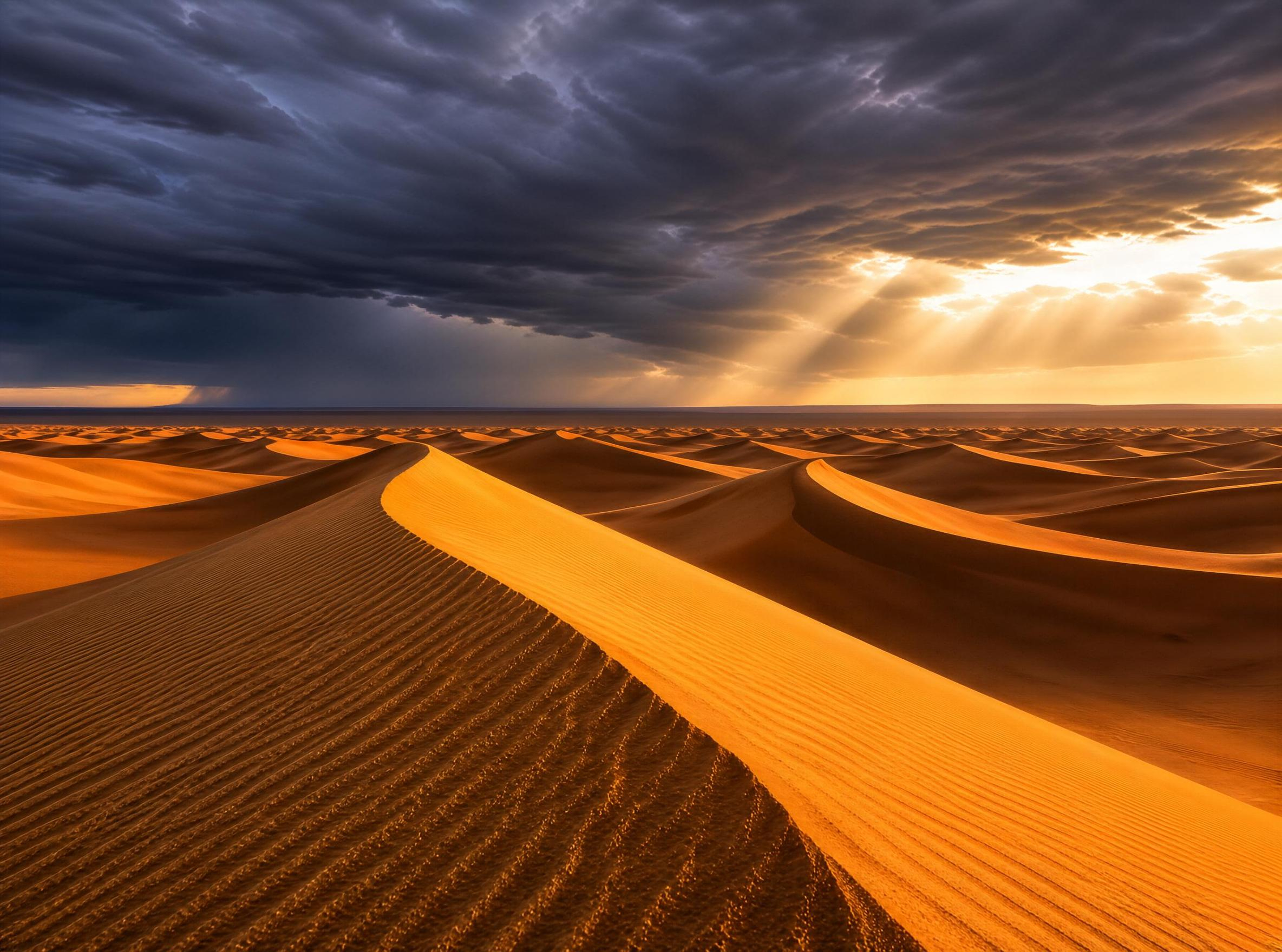 Golden Desert Dunes Under Stormy Sky