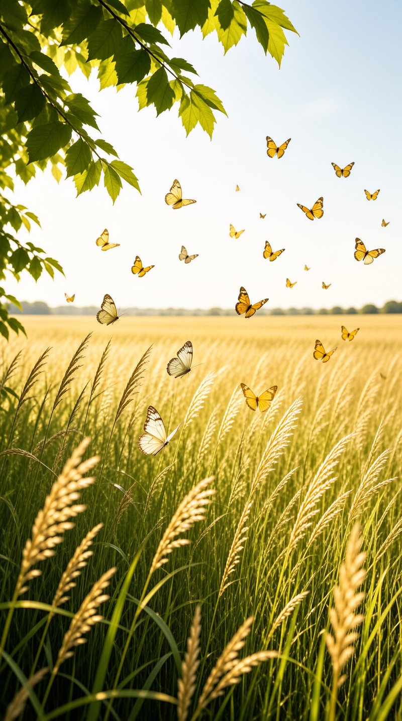 Many orange and white butterflies drift through a sunlit field of tall golden grass beneath leafy green branches.