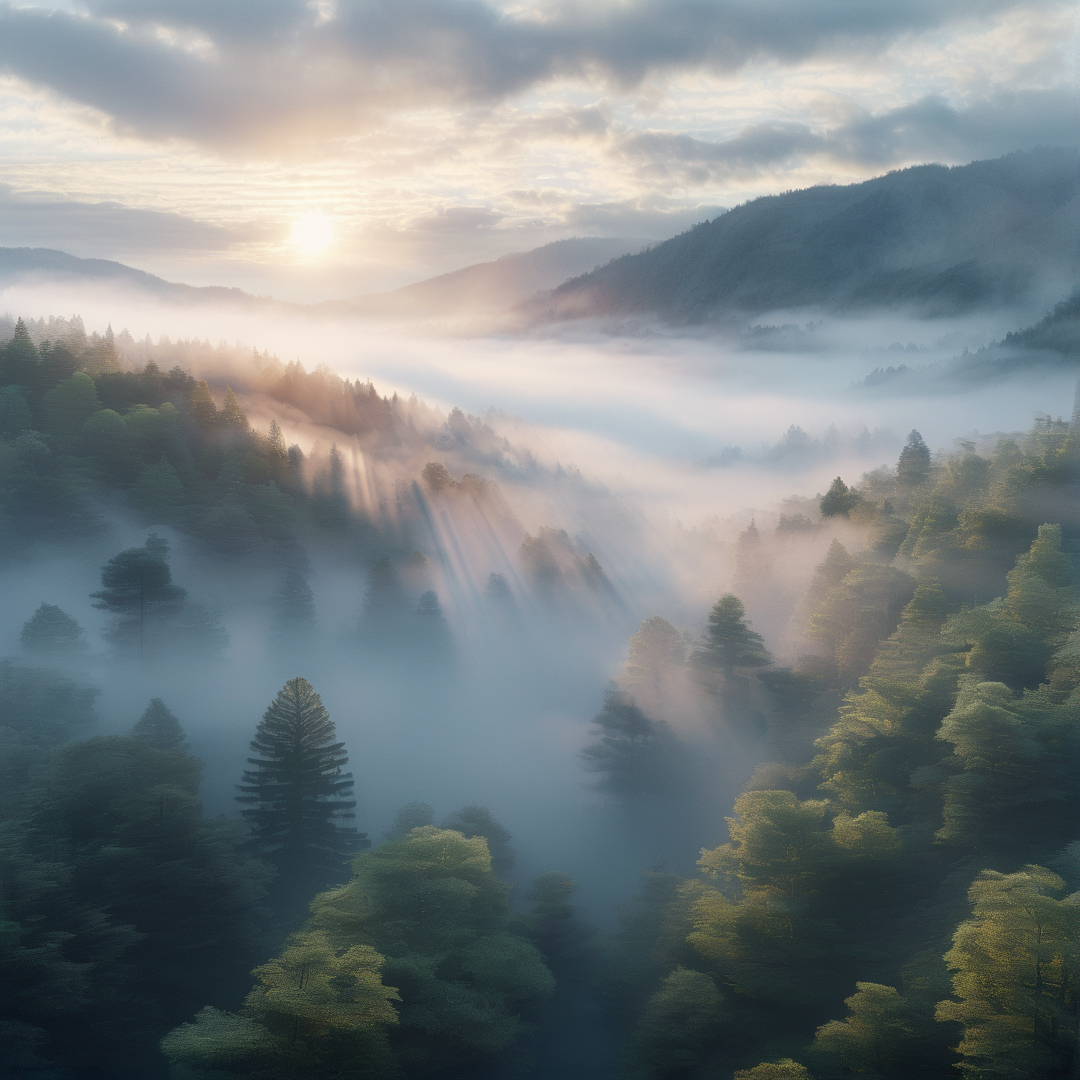Misty Forest Valley Sunrise