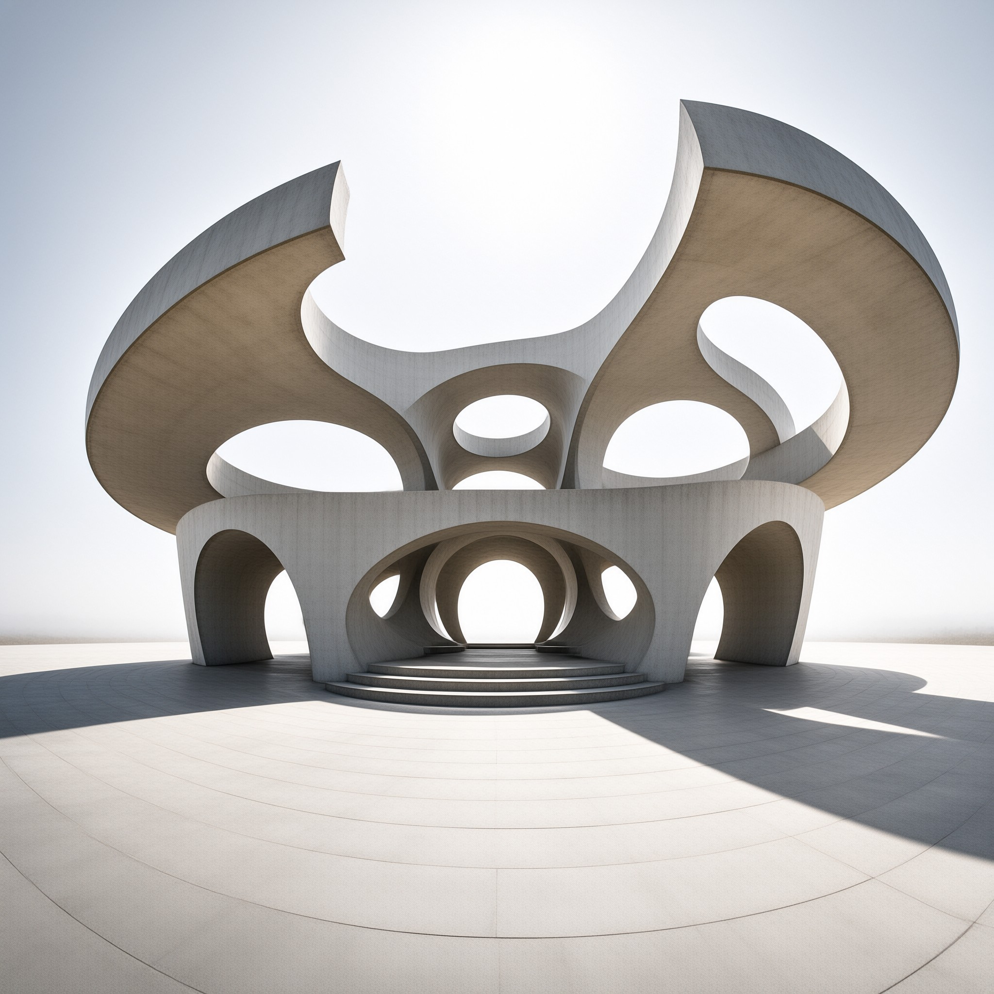 A large white concrete structure featuring organic curves and circular cutouts stands on a bright paved surface.