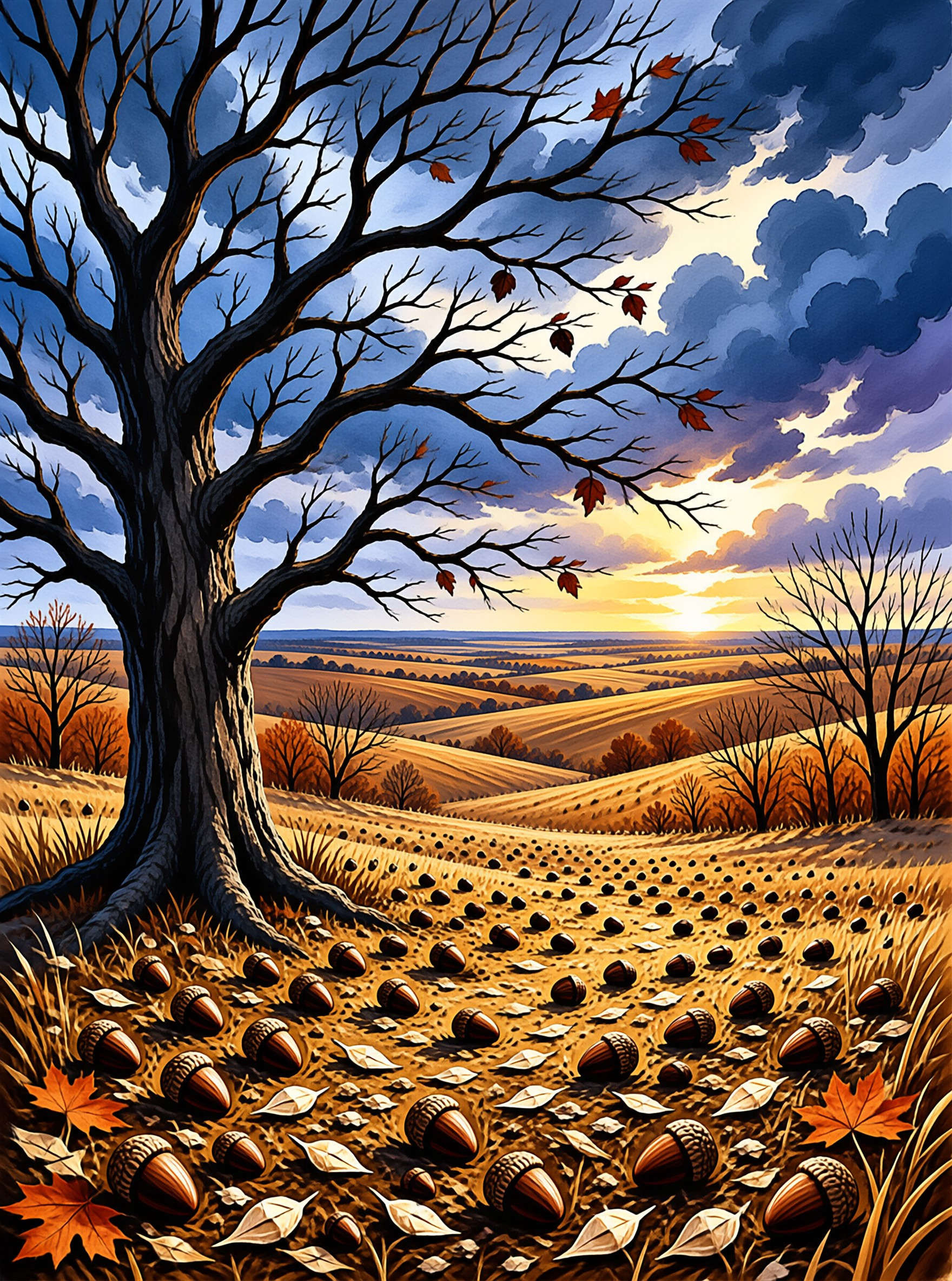A bare oak tree sits on a slope strewn with acorns, overlooking rolling golden autumn fields under a dusk sky lit by the setting sun.